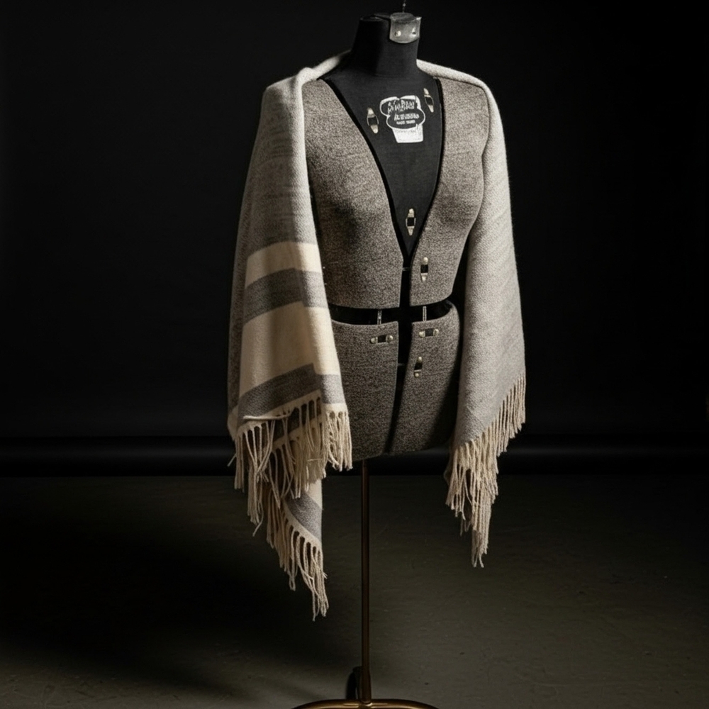 A.N.D. Gray and Cream Four-way Fringed Shawl /Gilet /Wrap /Scarf